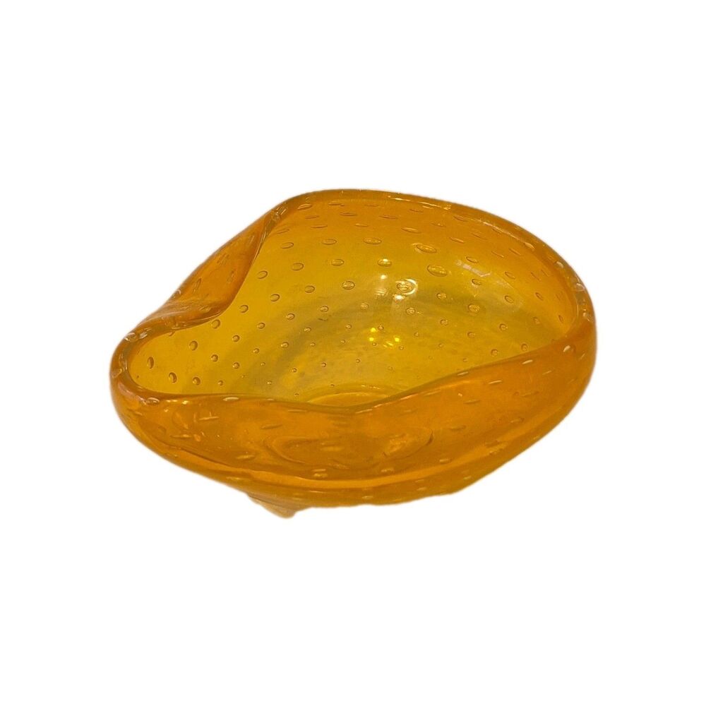 Amber Orange Blown Glass Bowl Bubble Folded Edge VTG 70's - Picture 4 of 7
